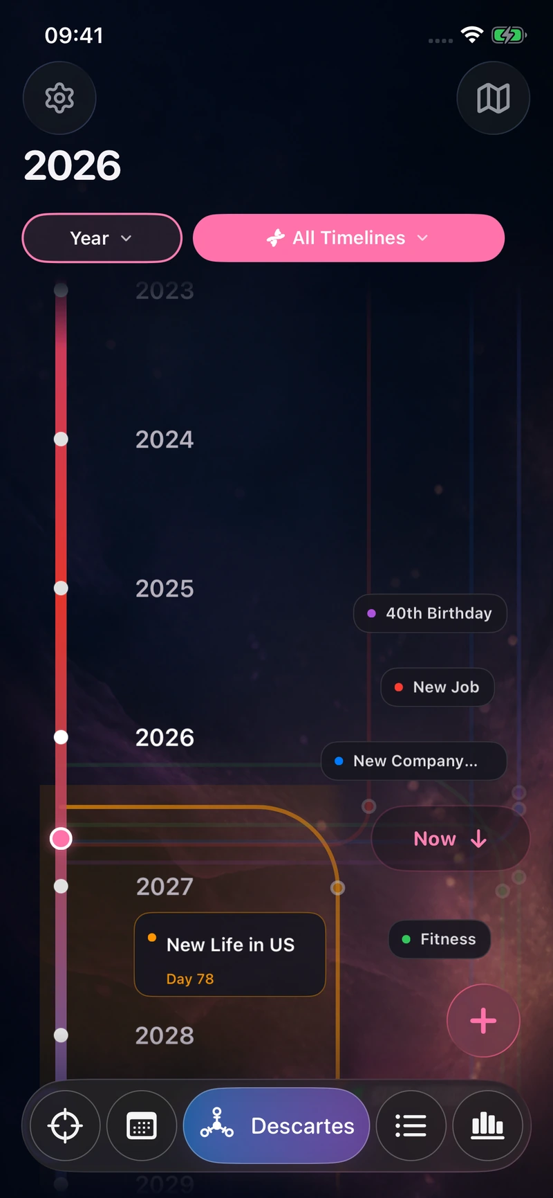 Several life timelines sharing the same years in D·Diary.