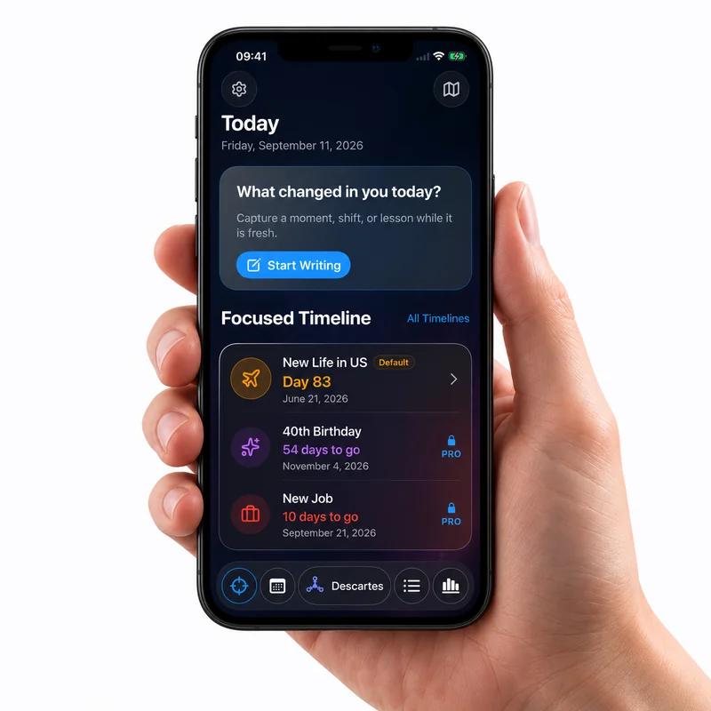 A hand holding D·Diary, with a new-life timeline and future beginnings on the Today screen.